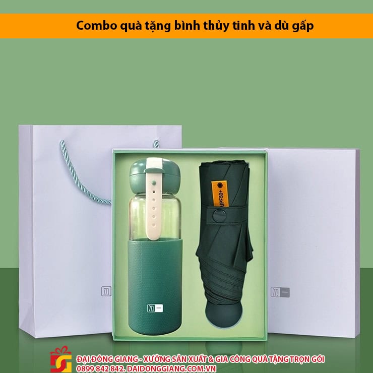 Combo quà tặng bình thủy tinh và dù gấp