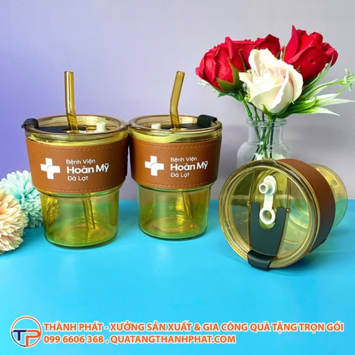 Ly thủy tinh bọc da kèm ống hút có in logo ctt282 - ảnh 3