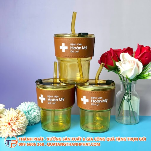 Ly thủy tinh bọc da kèm ống hút có in logo ctt282 - ảnh 4