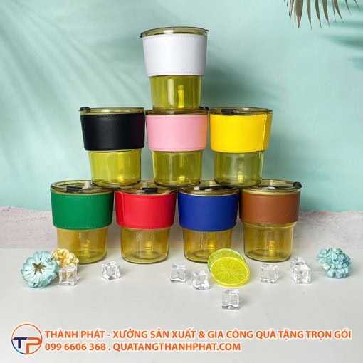 Ly thủy tinh bọc da kèm ống hút có in logo ctt282 - ảnh 2