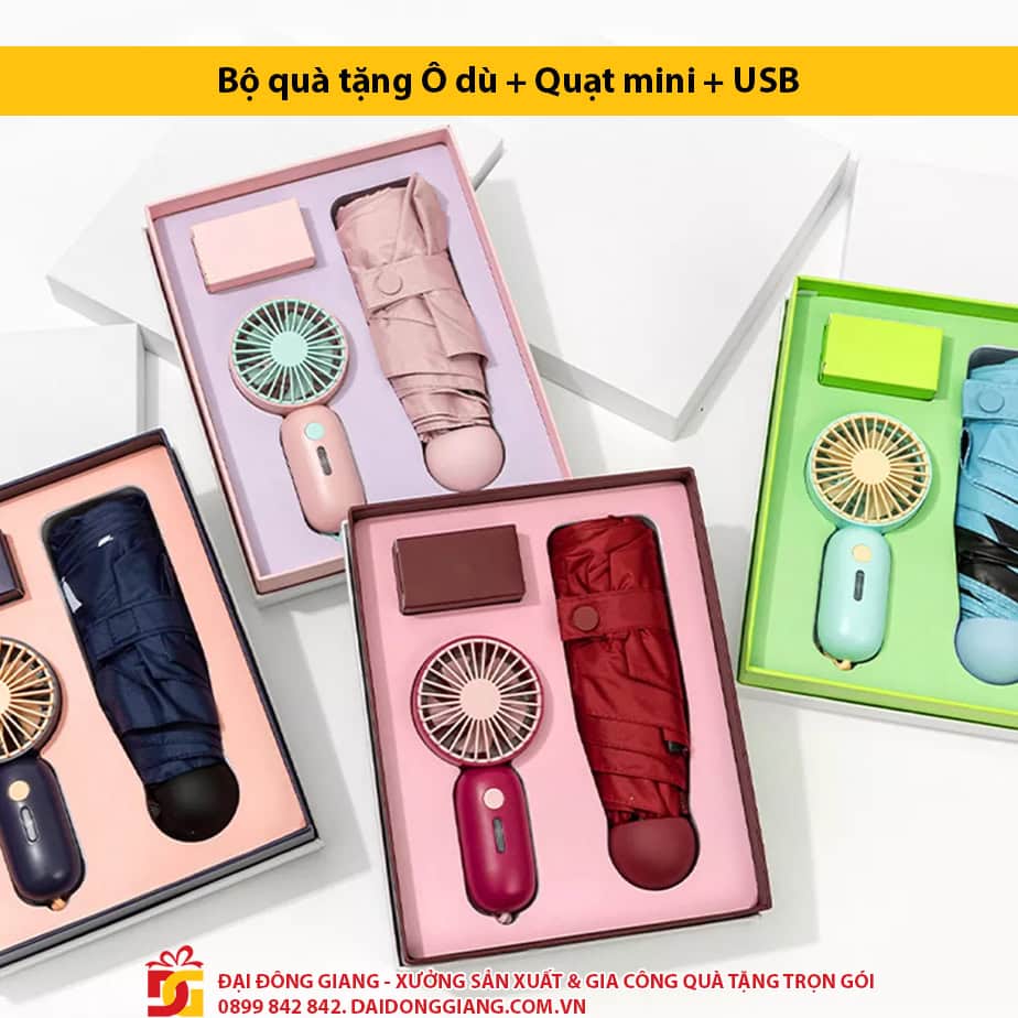 Bộ quà tặng ô dù + quạt mini + usb