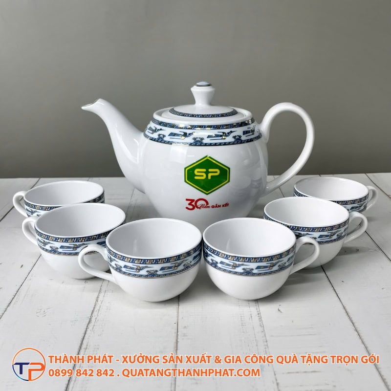 Bộ Ấm Trà Diệp Lục In Logo 26 Bo am tra hoa tiet chim lac in logo tien dung