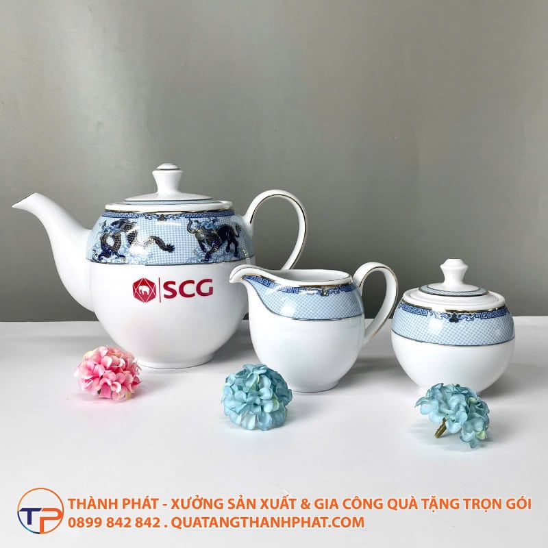 Bộ Ấm Trà Hoạ Tiết Tứ Linh In Logo 27 Bo am tra hoa tiet tu linh in logo in lua