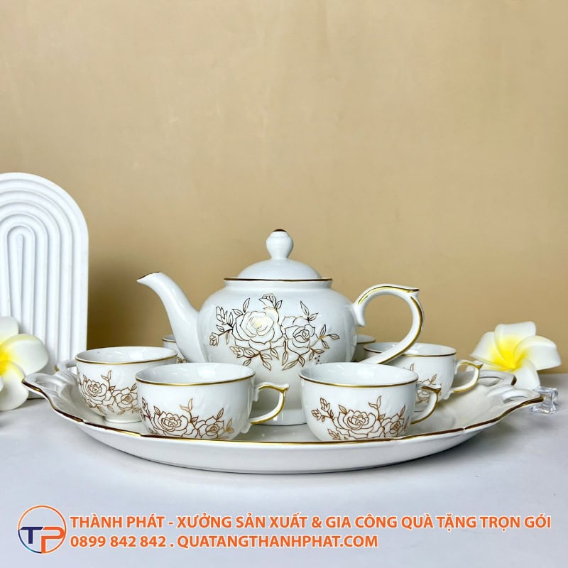Bộ Ấm Trà Nắp Ngọn Lửa Viền Chỉ Vàng 26 Bo am tra hoa tiet hoa hong chi vang in logo hien dai