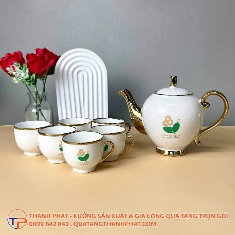 Bộ Ấm Trà Mạ Vàng Sang Trọng In Logo 21 Bo am tra ma vang in logo cao cap