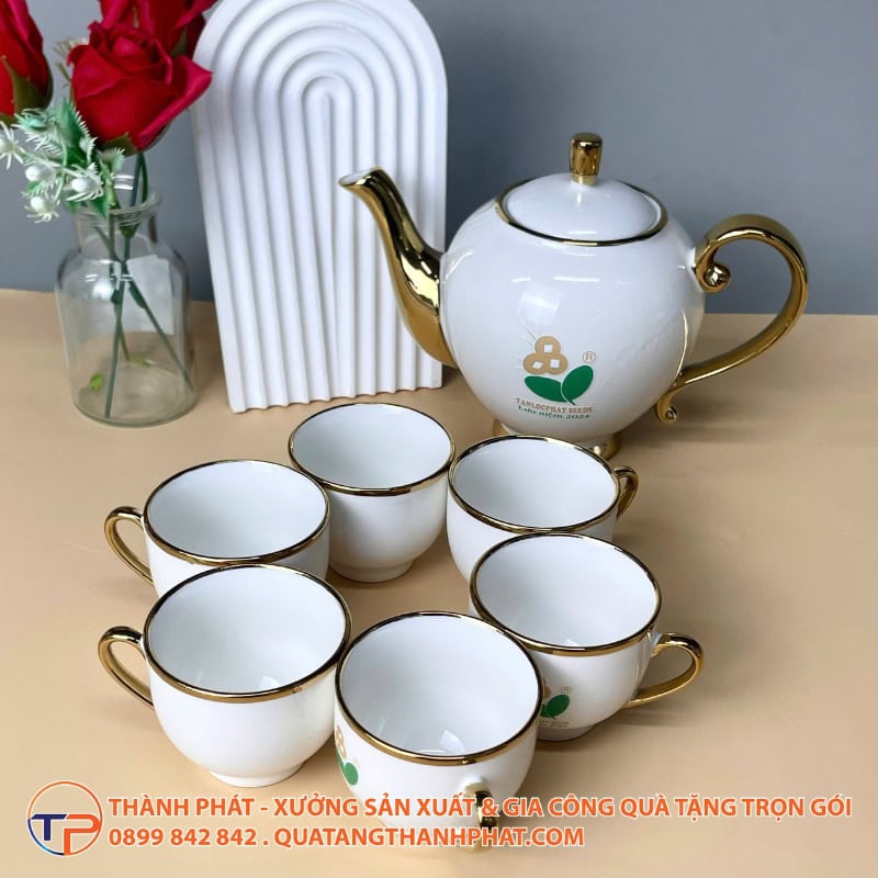 Bộ Ấm Trà Nắp Ngọn Lửa Viền Chỉ Vàng 29 Bo am tra ma vang in logo sang trong