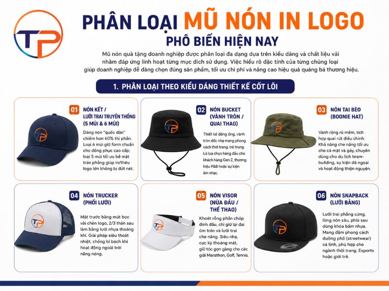 Mũ Nón In Logo Làm Quà Tặng: Phân Loại, Ứng Dụng Và Top Mẫu 19 Phan loai mu non in logo