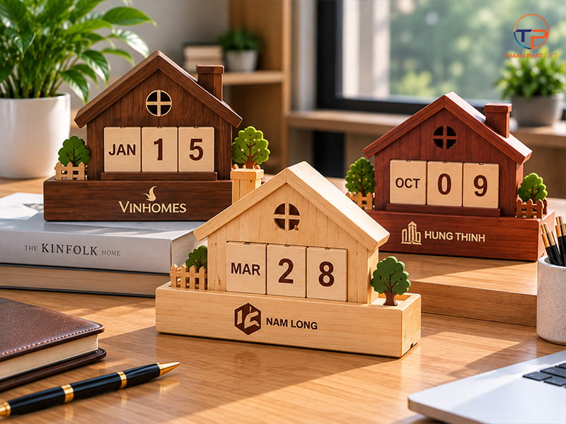 Top 15+ Mẫu Lịch Gỗ Để Bàn Làm Quà Tặng Doanh Nghiệp Đẹp, Sang Trọng 34 Lich go hinh ngoi nha